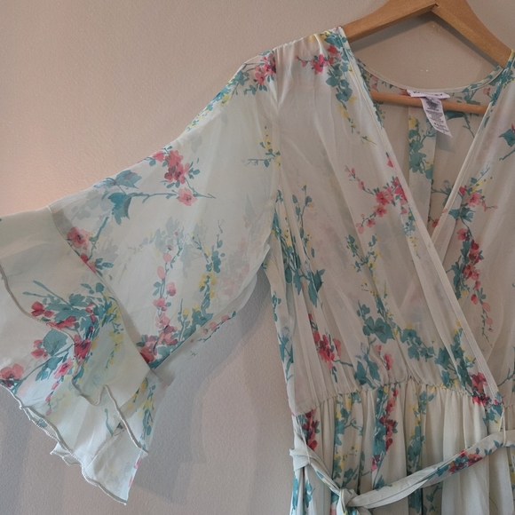 Kate & Lily Floral Print Garden Boho  Feminine Maxi Belted Light Green Dress 6 - Picture 8 of 16